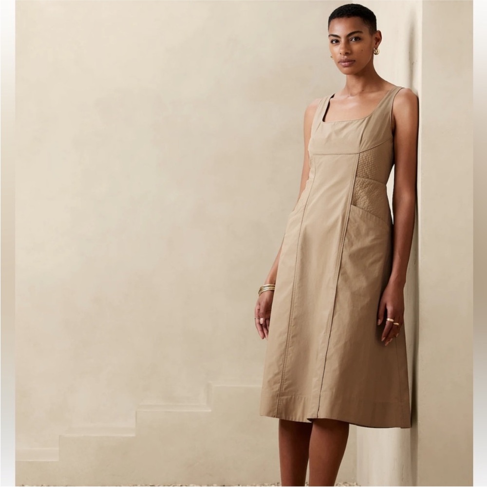 NWT Banana Republic Seamed Poplin Midi Tan Cotton Dress 2